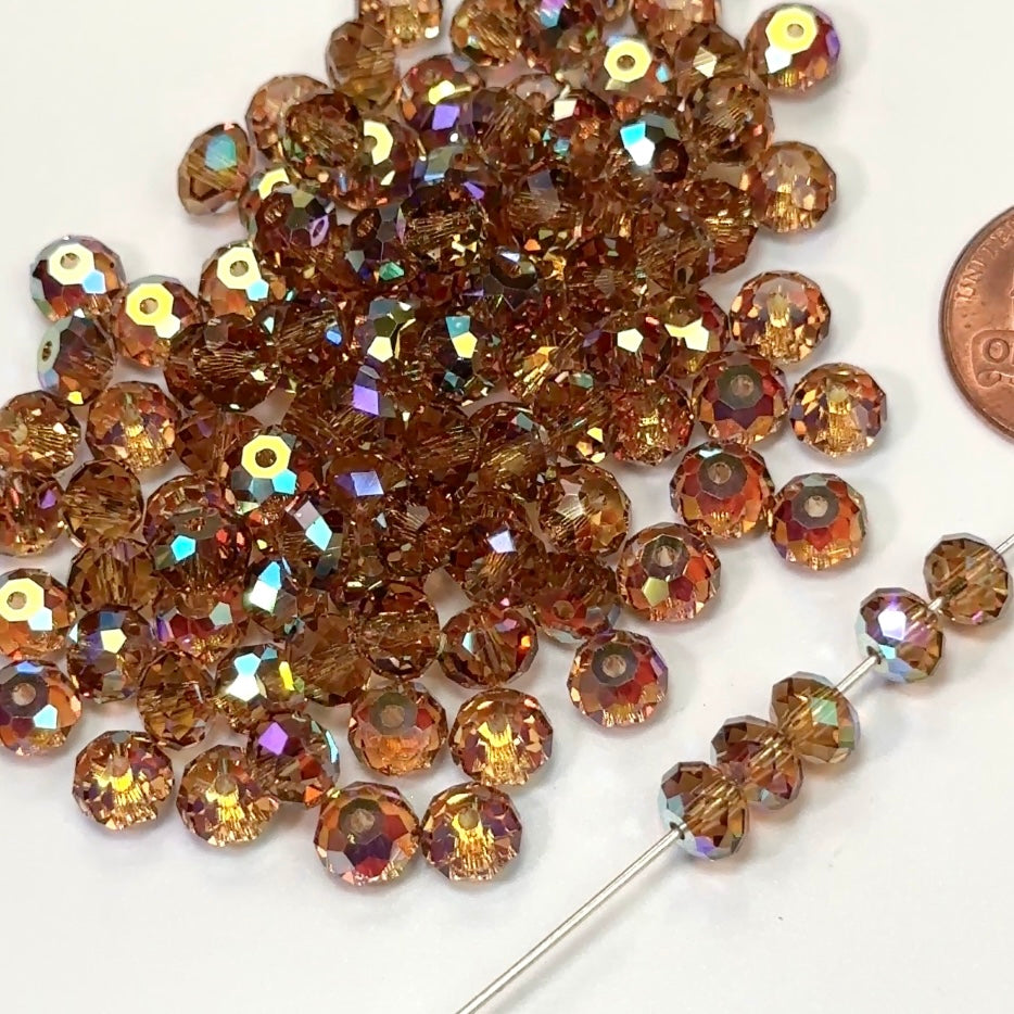 Light Colorado Topaz AB coated, Czech Machine Cut Bellatrix Crystal Beads, Preciosa 451-19-002, 6mm, 36pcs, light brown with Aurora Boreale spacer beads, #5040 Briolette cut