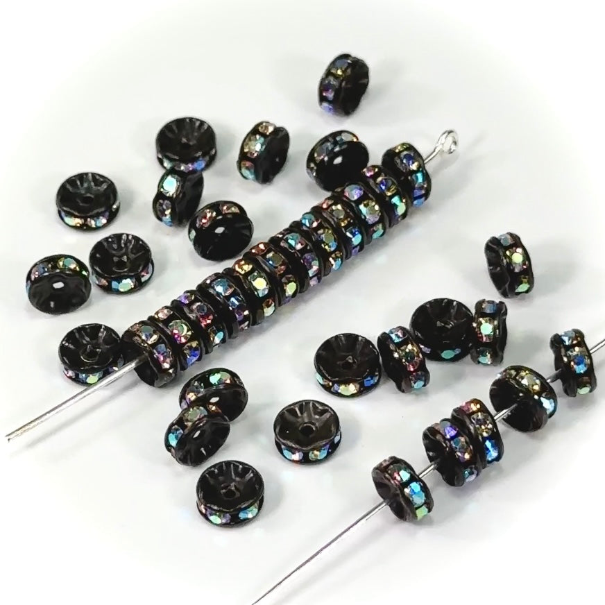 Preciosa Genuine Czech Rhinestone Rondelles 6mm Crystal AB Black Plated spacers 30pcs J294
