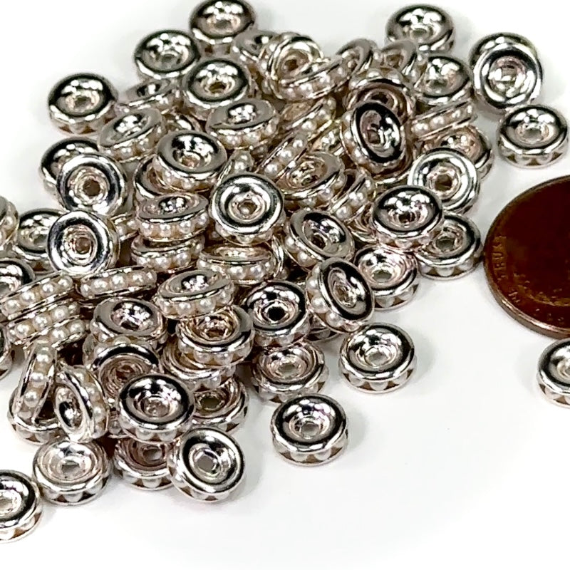 Vintage Czechoslovakian Off White Pearl Rondelles Silver Plated 6x2.5mm 18pcs J305