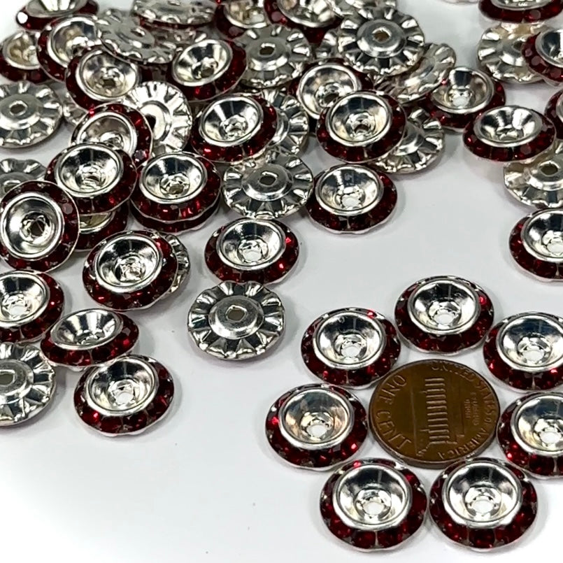 Siam red Preciosa Genuine Czech Deep Shrag Slant Rhinestone Rondelles Silver Plated in size 15mm 12pcs J311