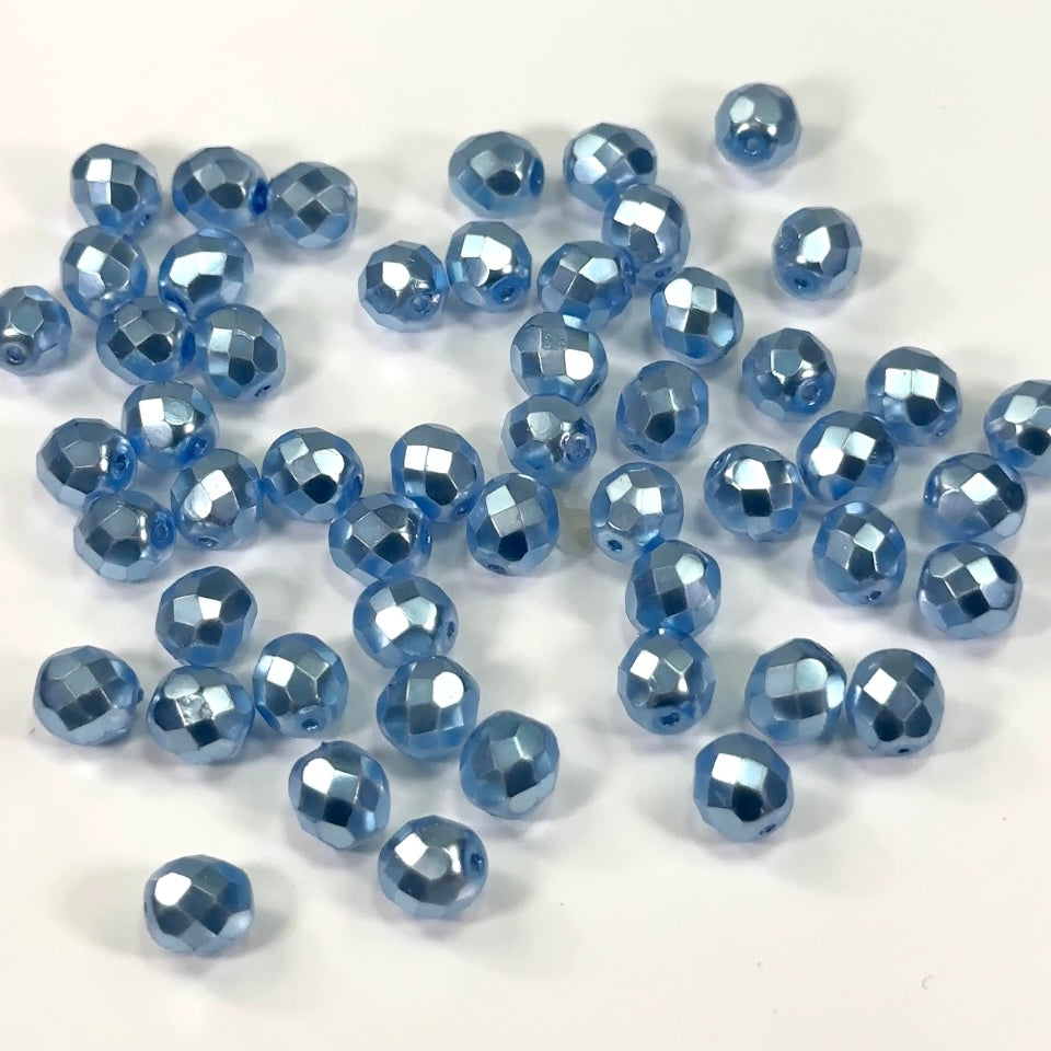 Light Blue Faceted Pearl Czech Fire Polished Round Faceted Glass Beads 6mm 8mm
