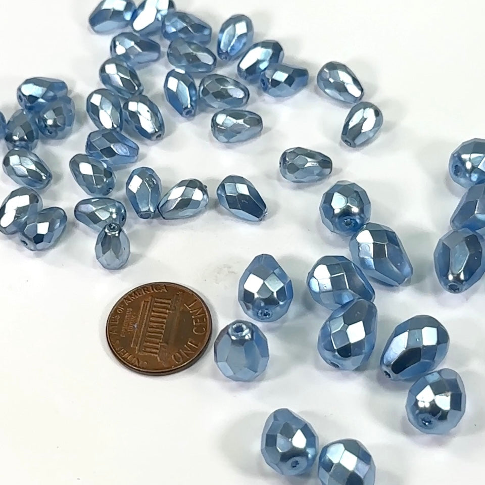 Light Blue Faceted Pearl Czech Fire Polished Pear Shaped Faceted Glass Beads 10x7mm 13x10mm