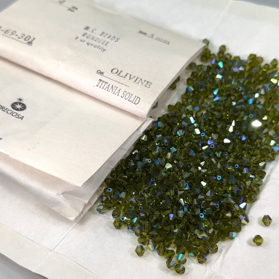 Olivine AB Czech Glass Beads Machine Cut Bicones MC Rondell Diamond Shape olive green crystals coated with Aurora Borealis 4mm 5mm 10mm 12mm