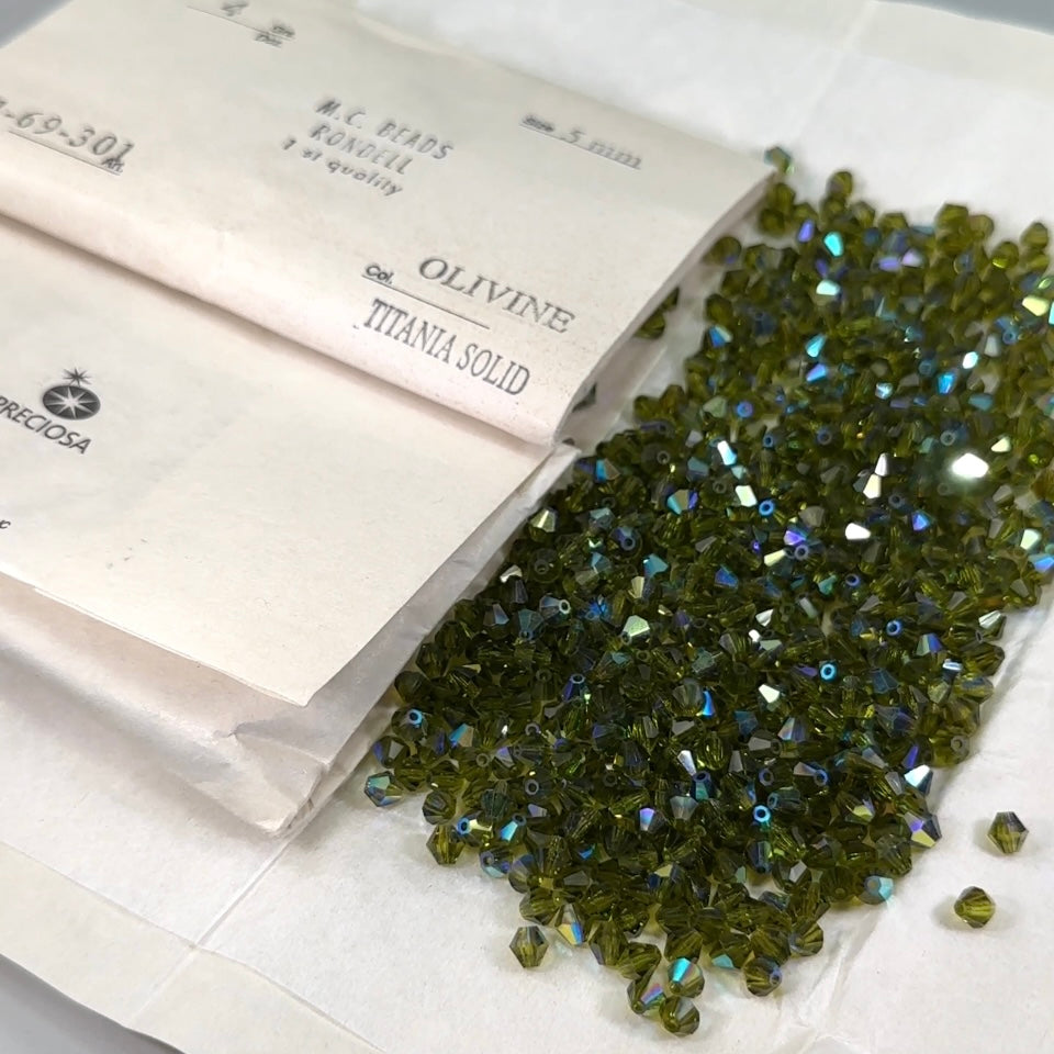 Olivine AB Czech Glass Beads Machine Cut Bicones MC Rondell Diamond Shape olive green crystals coated with Aurora Borealis 5mm 576pcs