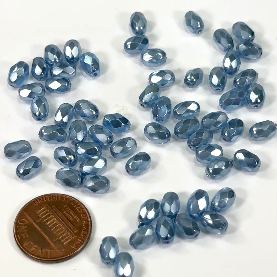 Light Blue Faceted Pearl Czech Fire Polished Olive Shaped Faceted Glass Beads 7x5mm 60pcs