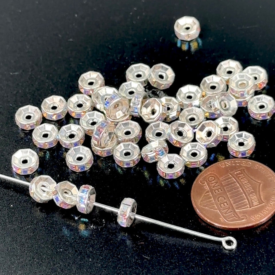 Swarovski Rhinestone Rondelles with Square Stones 6mm Crystal AB Silver Plated 45pcs J340