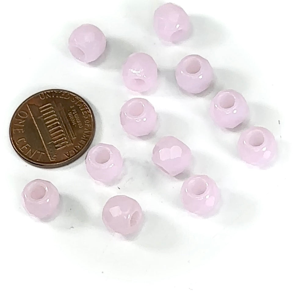 Czech Glass LARGE HOLE Faceted Fire Polished Beads 8mm (8x6.5mm) Pink Alabaster Opaque 12 pieces J438