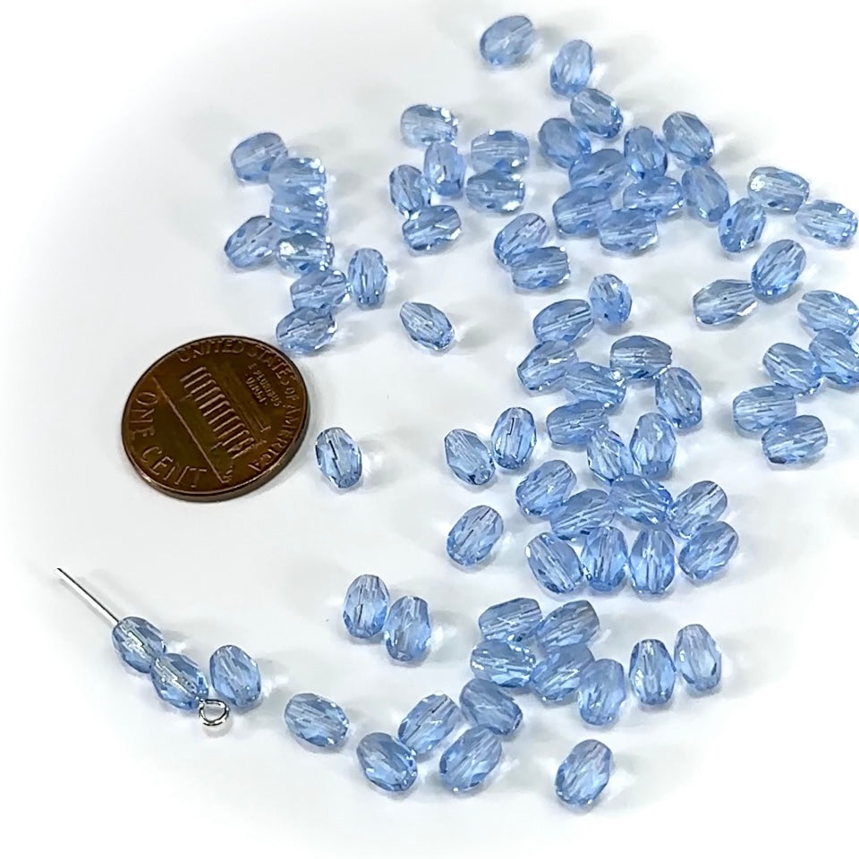 Czech Glass Olive Shaped Faceted Fire Polished Beads 6x4mm Light Sapphire blue oval 80 pieces J440