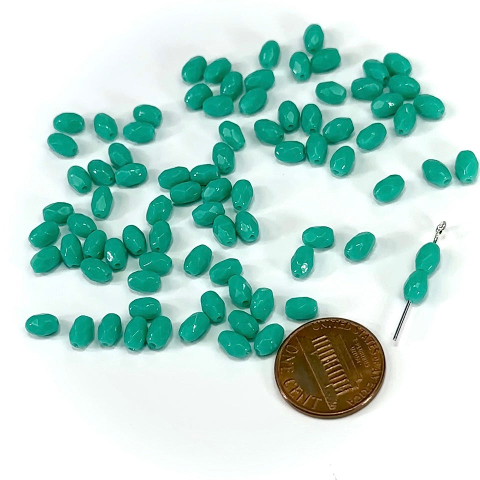 Czech Glass Olive Shaped Faceted Fire Polished Beads 6x4mm Green Turquoise Opaque oval 80 pieces J441