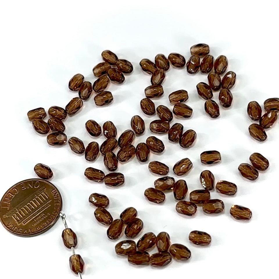 Czech Glass Olive Shaped Faceted Fire Polished Beads 6x4mm Smoked Topaz brown oval 80 pieces J444