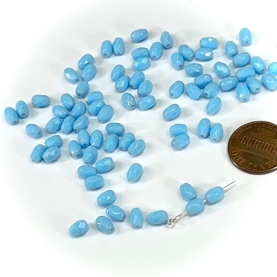 Czech Glass Olive Shaped Faceted Fire Polished Beads 6x4mm Blue Turquoise Opaque oval 80 pieces J447