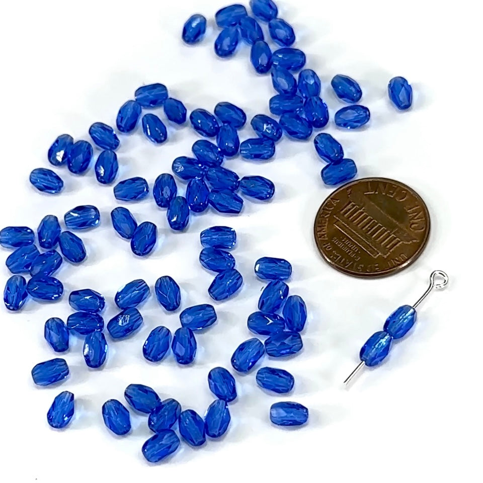 Czech Glass Olive Shaped Faceted Fire Polished Beads 6x4mm Sapphire blue oval 80 pieces J448