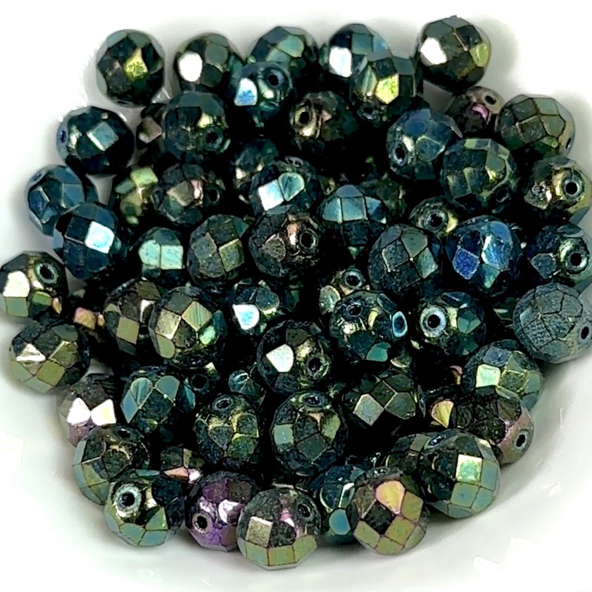 Jet Green Iris fully coated loose Traditional Czech Fire Polished Round Faceted Glass Beads 4mm 6mm 8mm 10mm 12mm 14mm Green Khaki and Woods Green
