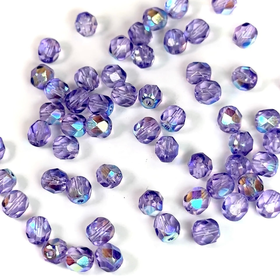 Crystal Purple Lavender AB coated Czech Fire Polished Round Faceted Glass Beads 6mm Violet  Aurora Boreale