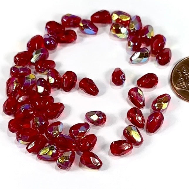 Czech Glass Pear Shaped Fire Polished Beads 7x5mm Medium Siam AB Tear Drops, 50 pieces, J552N