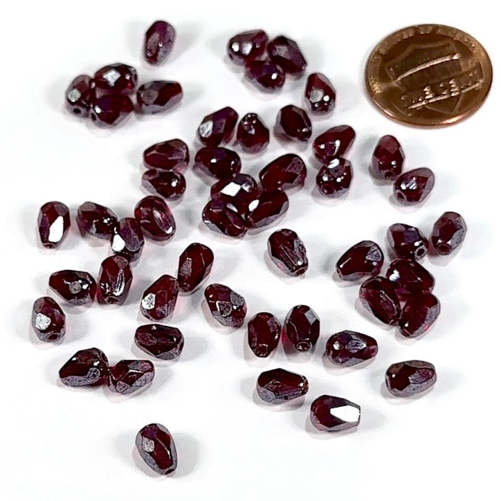 Czech Glass Pear Shaped Fire Polished Beads 7x5mm Garnet Hematite Luster Tear Drops, 50 pieces, J552O