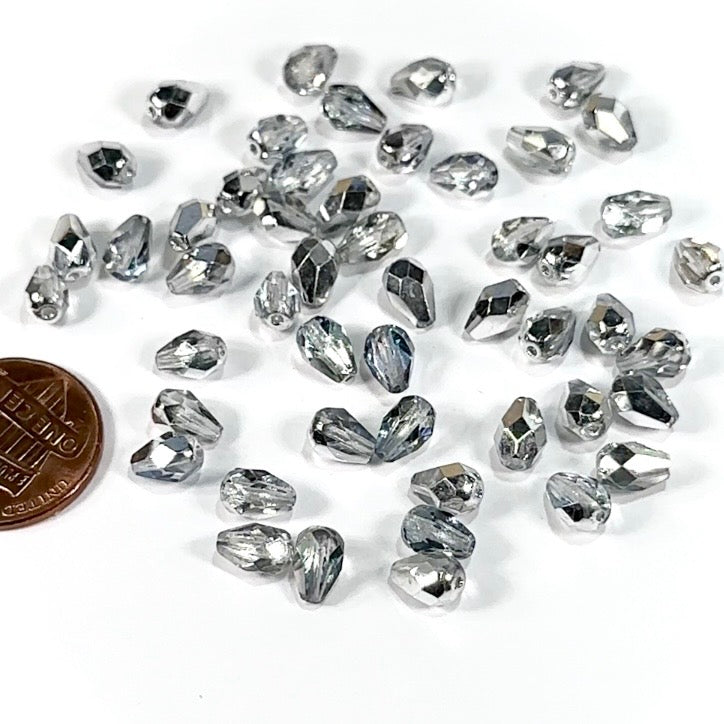 Czech Glass Pear Shaped Fire Polished Beads 7x5mm Crystal Labrador Half Silver Tear Drops, 50 pieces, J552R