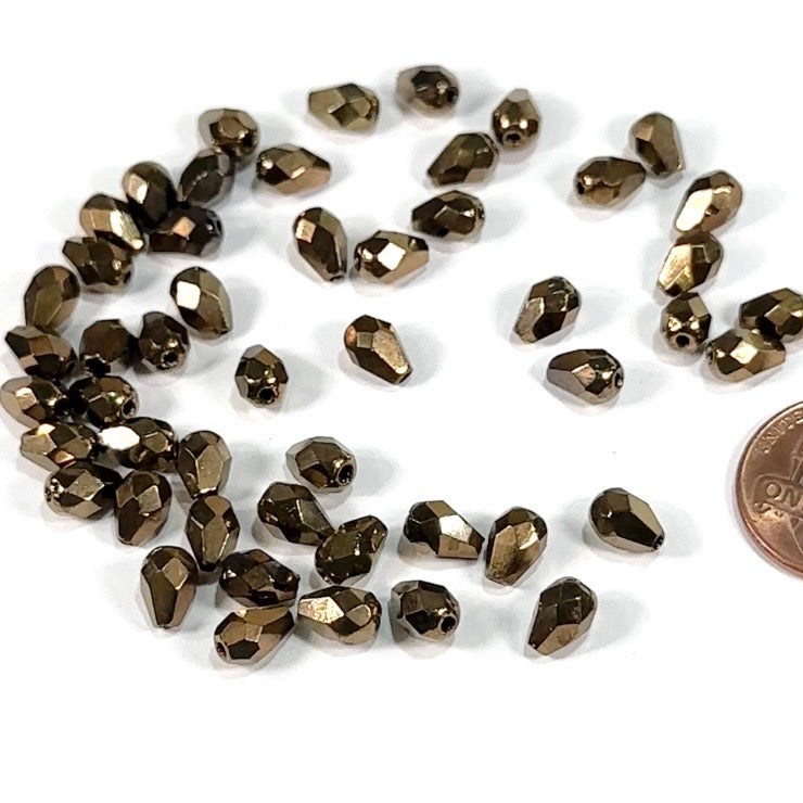 Czech Glass Pear Shaped Fire Polished Beads 7x5mm Bronze Metallic Tear Drops, 50 pieces, J552S