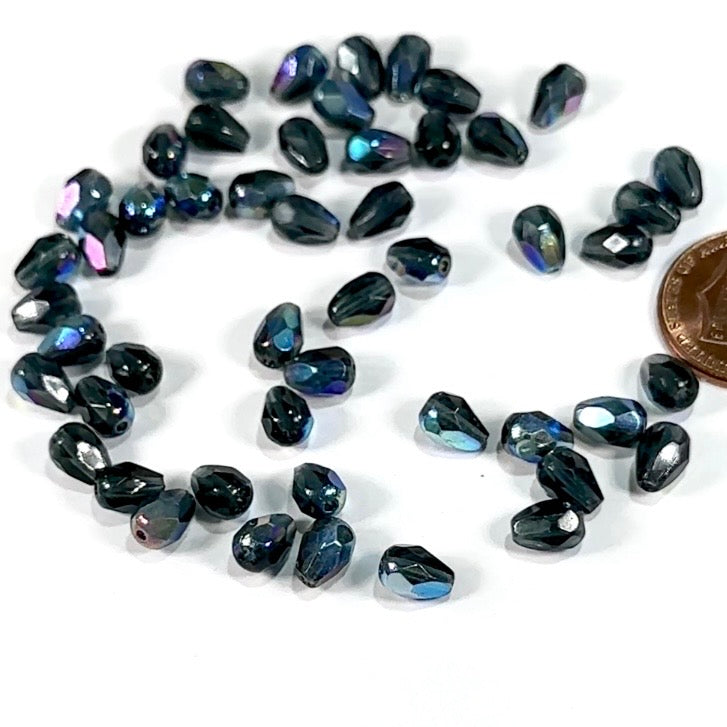 Czech Glass Pear Shaped Fire Polished Beads 7x5mm Montana AB Tear Drops, 50 pieces, J552Z
