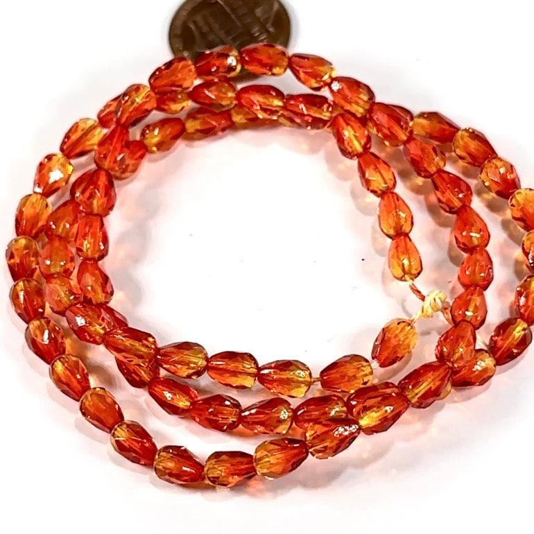Czech Glass Pear Shaped Fire Polished Beads 7x5mm 2-tone FireOpal Lacquered Tear Drops, 75 pieces, J552A