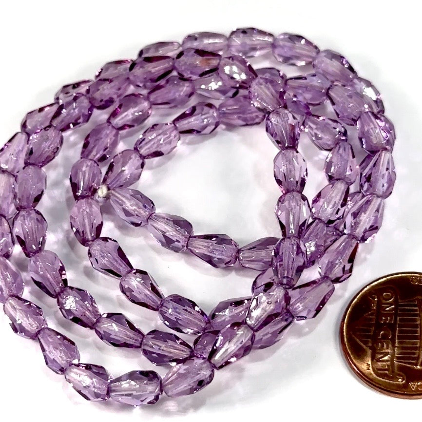 Czech Glass Pear Shaped Fire Polished Beads 7x5mm Light Purple Lacquered Tear Drops, 75 pieces, J552B