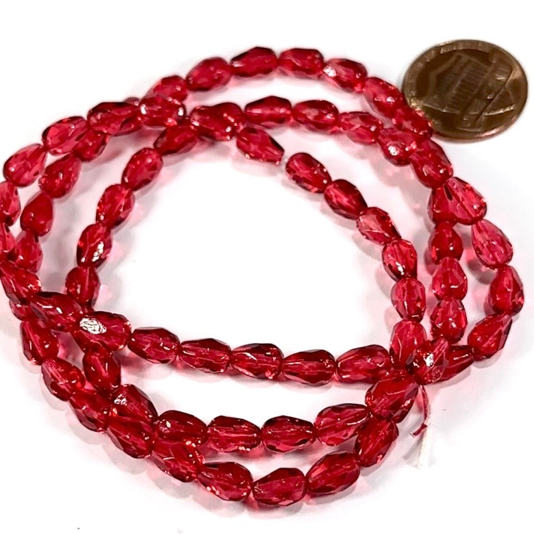 Czech Glass Pear Shaped Fire Polished Beads 7x5mm Hot Pink Lacquered Tear Drops, 75 pieces, J552C