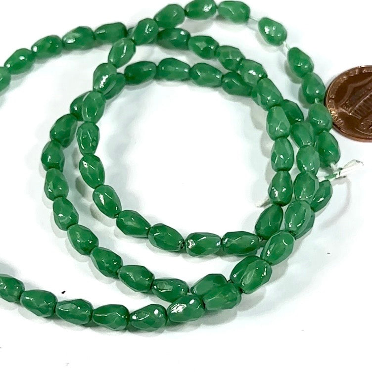 Czech Glass Pear Shaped Fire Polished Beads 7x5mm Shamrock Green Lacquered Tear Drops, 75 pieces, J552D