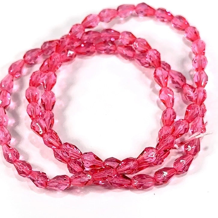 Czech Glass Pear Shaped Fire Polished Beads 7x5mm Sharp Pink Lacquered Tear Drops, 75 pieces, J552E