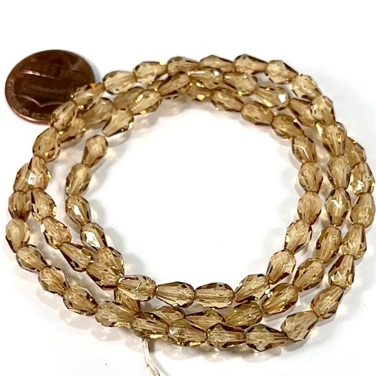 Czech Glass Pear Shaped Fire Polished Beads 7x5mm Light Brown Lacquered Tear Drops, 75 pieces, J552F