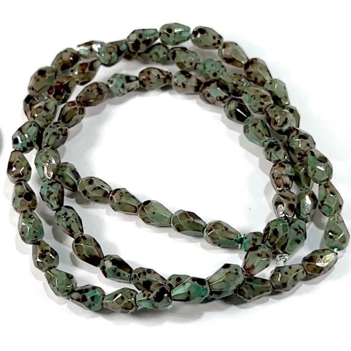 Czech Glass Pear Shaped Fire Polished Beads 7x5mm Dark Green Terracotta Lacquered Tear Drops, 75 pieces, J552G