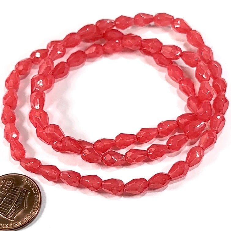 Czech Glass Pear Shaped Fire Polished Beads 7x5mm Red Opal Lacquered Tear Drops, 75 pieces, J552H