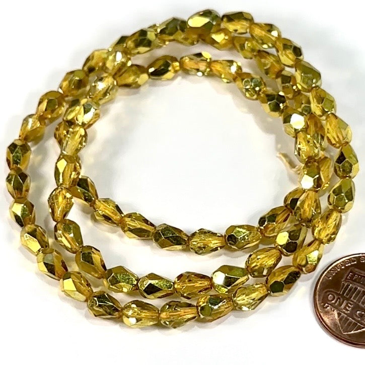 Czech Glass Pear Shaped Fire Polished Beads 7x5mm Labrador and Yellow Lacquered Tear Drops, 75 pieces, J552J
