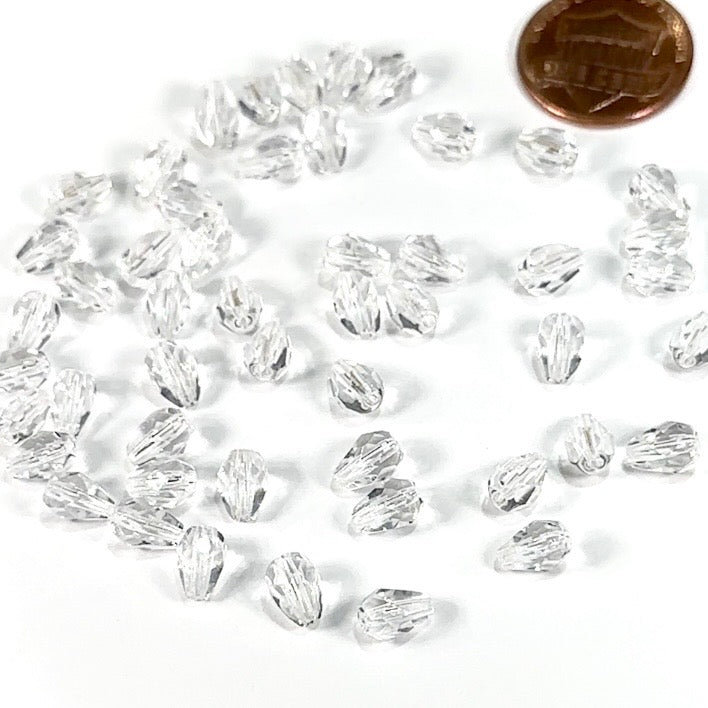 Czech Glass Pear Shaped Fire Polished Beads 7x5mm clear Crystal Tear Drops, 50 pieces, J552L