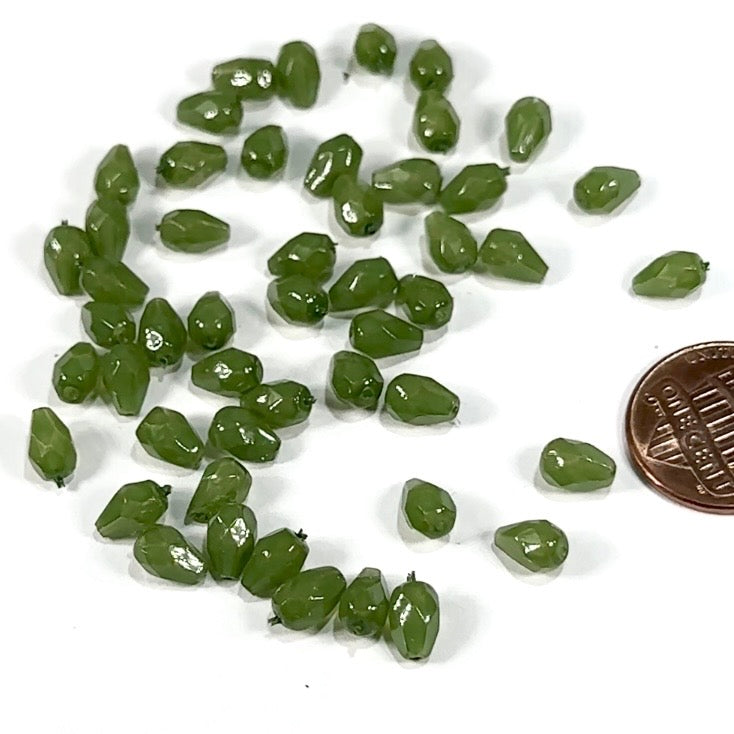 Czech Glass Pear Shaped Fire Polished Beads 7x5mm Avocado Green Lacquered Tear Drops, 50 pieces, J552T