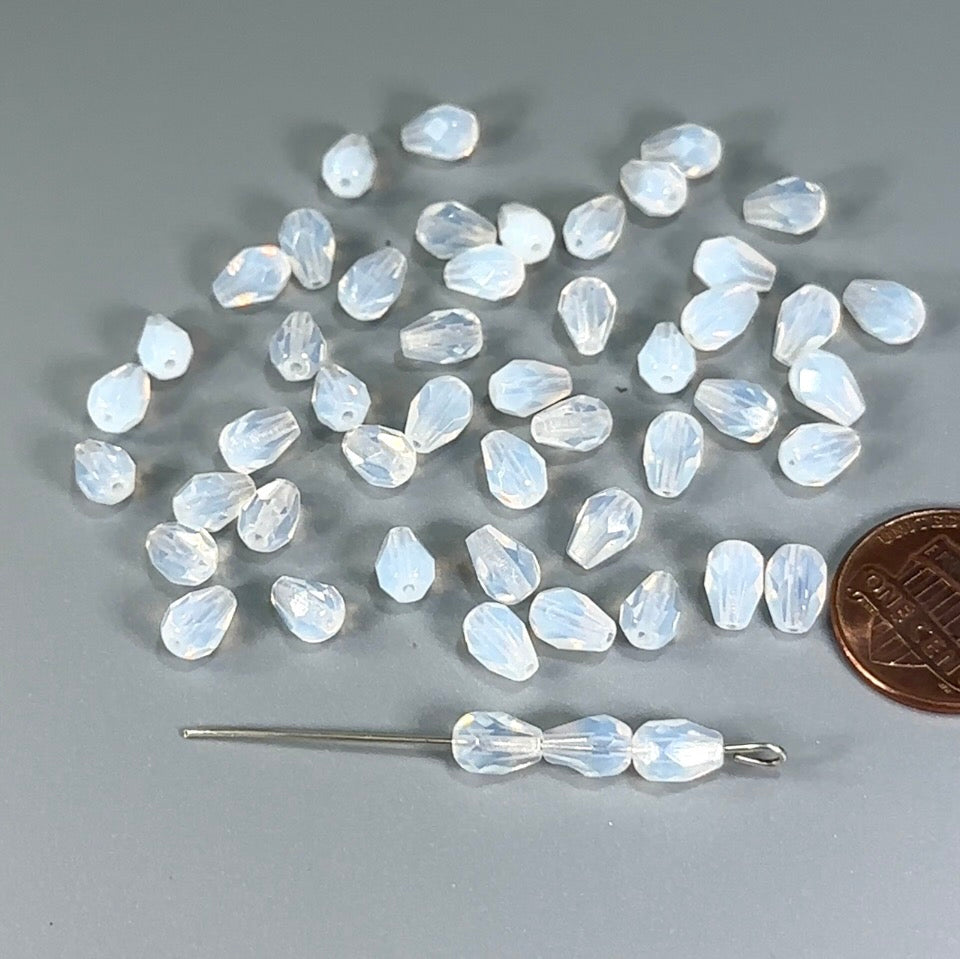 Czech Glass Pear Shaped Fire Polished Beads 7x5mm White Opal Tear Drops, 50 pieces, J552U