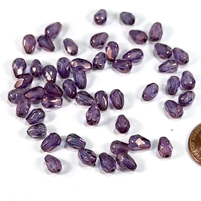 Czech Glass Pear Shaped Fire Polished Beads 7x5mm Violet Luster Tear Drops, 50 pieces, J552V