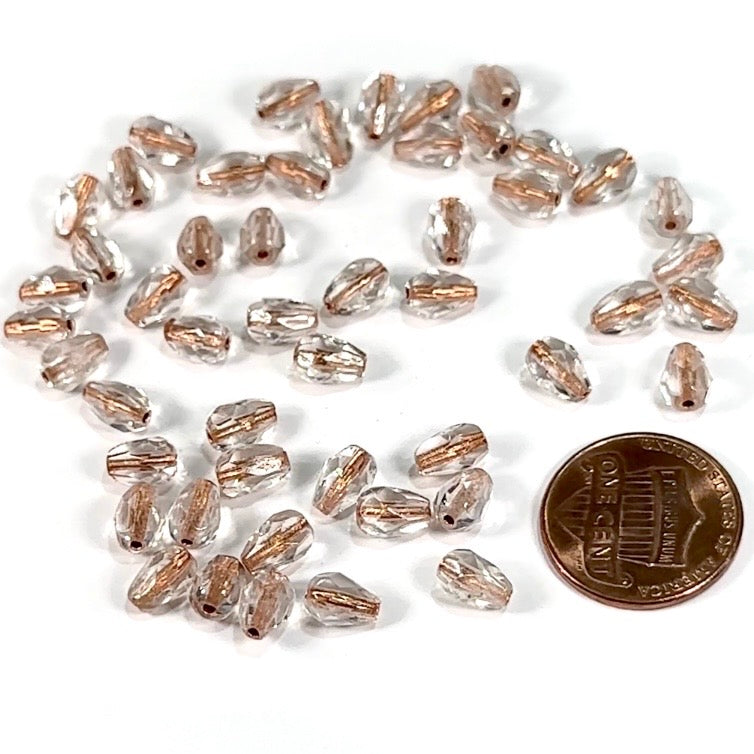 Czech Glass Pear Shaped Fire Polished Beads 7x5mm Crystal Bronze Lined Tear Drops, 50 pieces, J552X