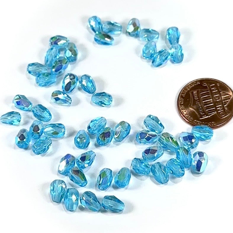 Czech Glass Pear Shaped Fire Polished Beads 7x5mm Aqua AB Tear Drops, 50 pieces, J552Y