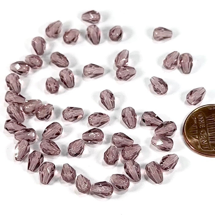 Czech Glass Pear Shaped Fire Polished Beads 7x5mm Light Amethyst purple Tear Drops, 50 pieces, J553B