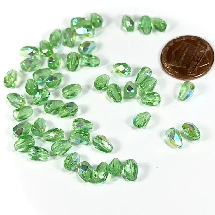 Czech Glass Pear Shaped Fire Polished Beads 7x5mm Peridot AB Tear Drops, 50 pieces, J553C