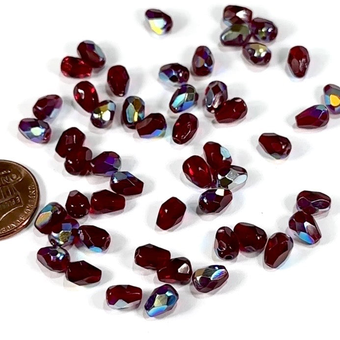 Czech Glass Pear Shaped Fire Polished Beads 7x5mm Garnet AB Tear Drops, 50 pieces, J553G