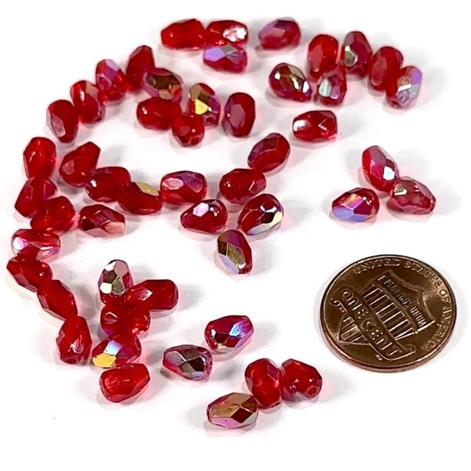 Czech Glass Pear Shaped Fire Polished Beads 7x5mm Light Siam AB Tear Drops, 50 pieces, J553H