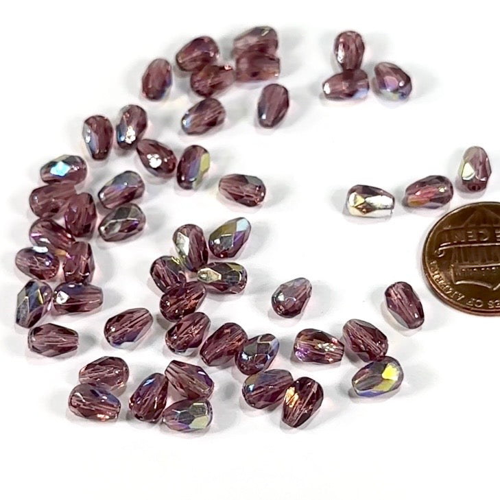 Czech Glass Pear Shaped Fire Polished Beads 7x5mm Amethyst AB Tear Drops, 50 pieces, J553I