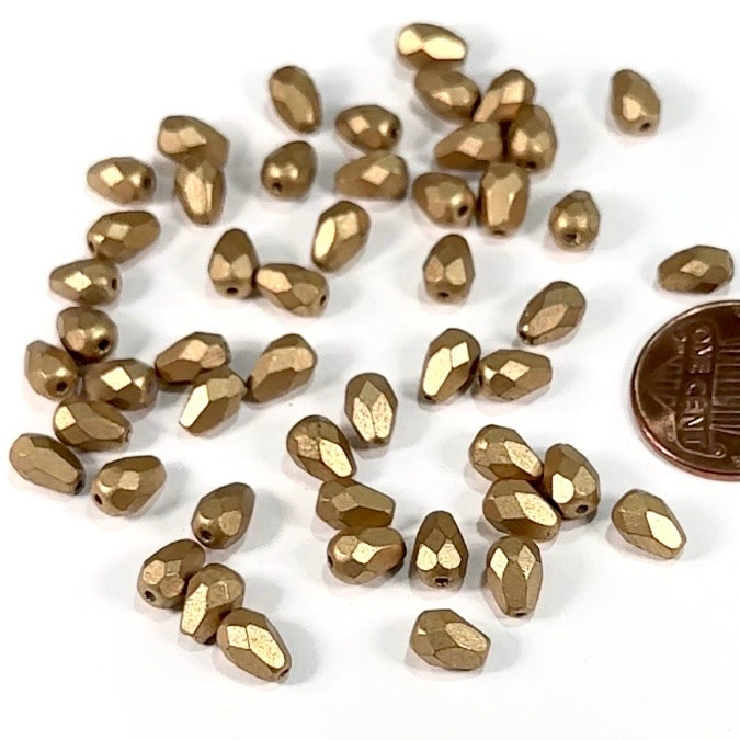 Czech Glass Pear Shaped Fire Polished Beads 7x5mm Matted Gold Pearlized Tear Drops, 50 pieces, J553K