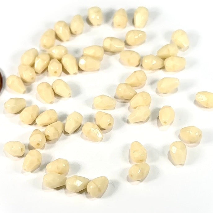 Czech Glass Pear Shaped Fire Polished Beads 7x5mm Ivory Opaque Tear Drops, 50 pieces, J553M