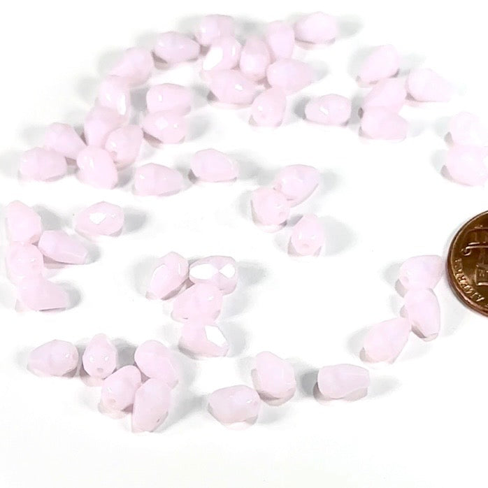 Czech Glass Pear Shaped Fire Polished Beads 7x5mm Pink Alabaster Tear Drops, 50 pieces, J553R