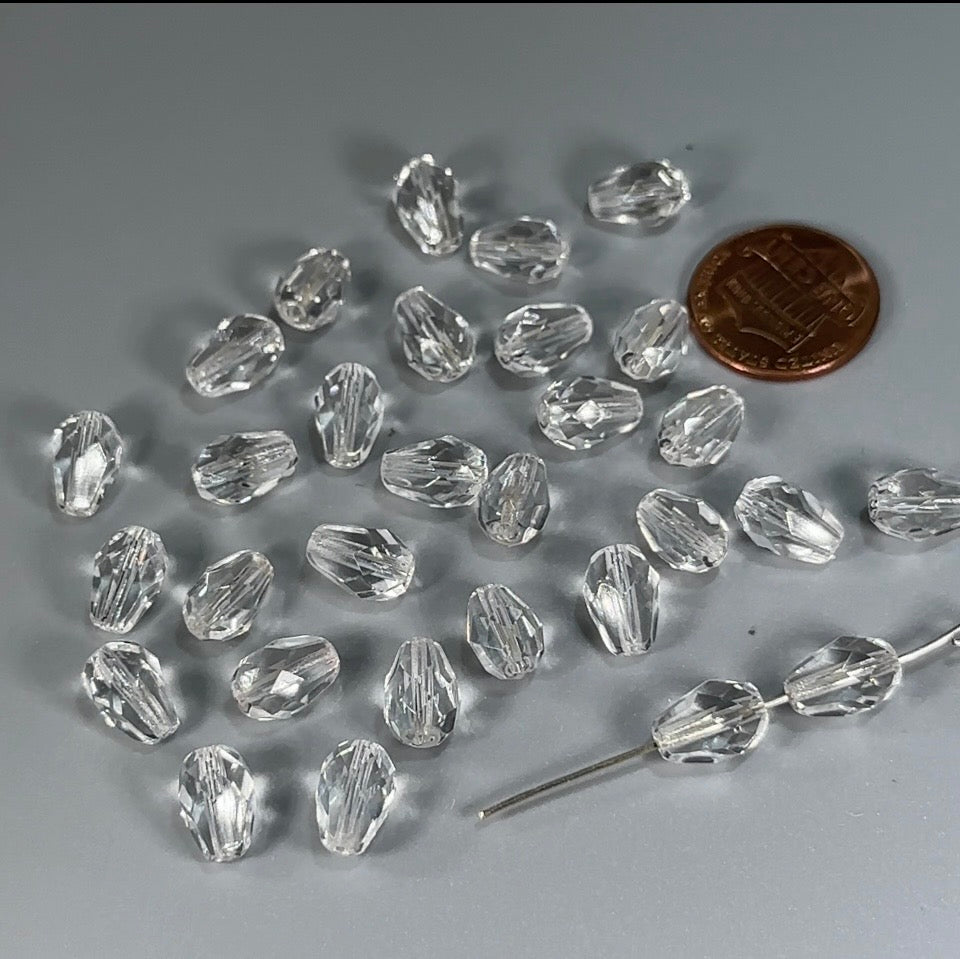 Czech Glass Pear Shaped Fire Polished Beads 10x7mm clear Crystal Tear Drops, 30 pieces, J553S