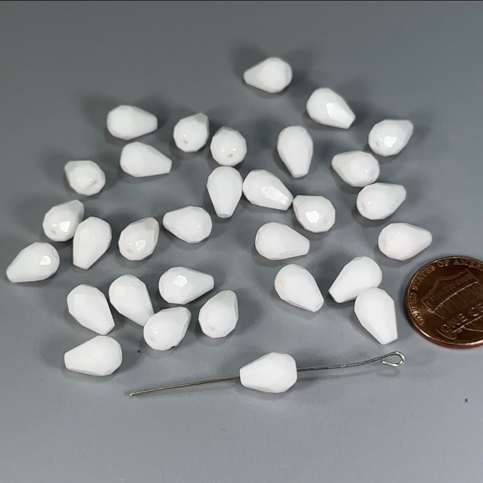 Czech Glass Pear Shaped Fire Polished Beads 10x7mm ChalkWhite Tear Drops, 30 pieces, J553T
