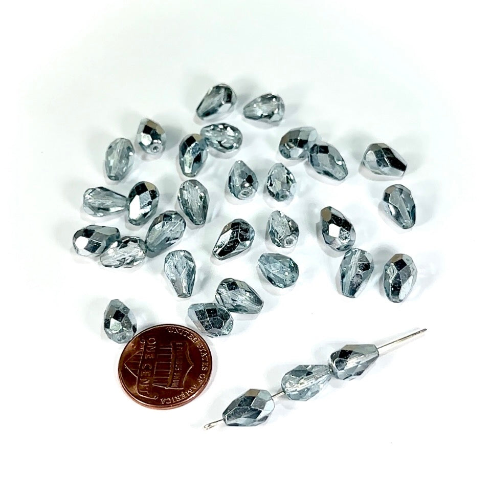 Czech Glass Pear Shaped Fire Polished Beads 10x7mm Ice Metallic Tear Drops, 30 pieces, J553U