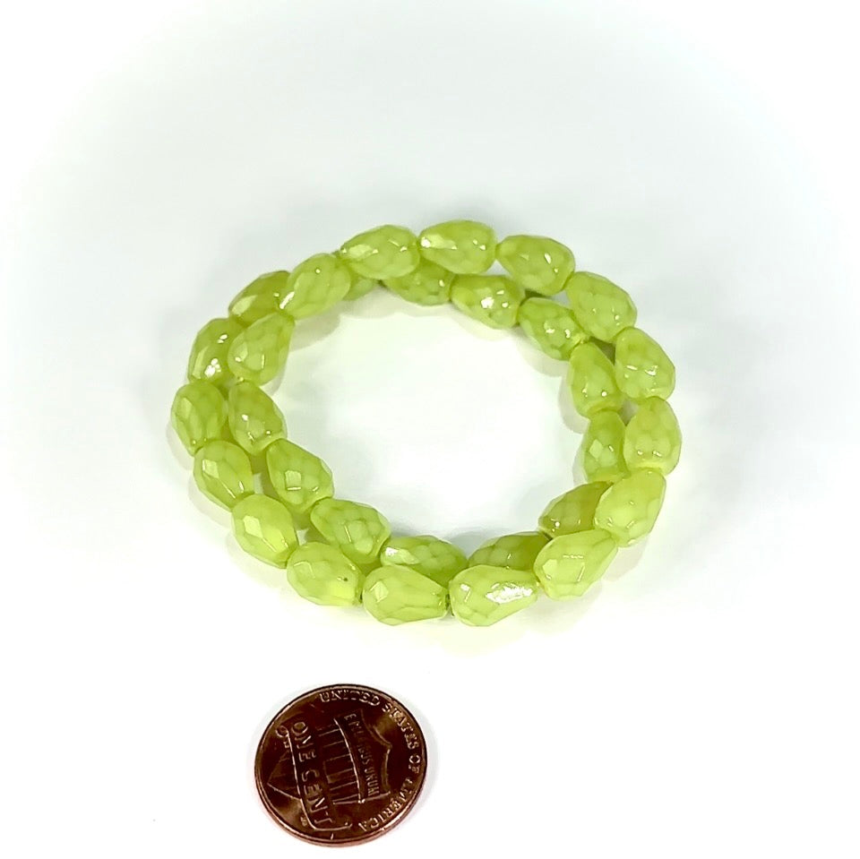 Czech Glass Pear Shaped Fire Polished Beads 10x7mm Light Green Lacquered Tear Drops, 30 pieces, J553V